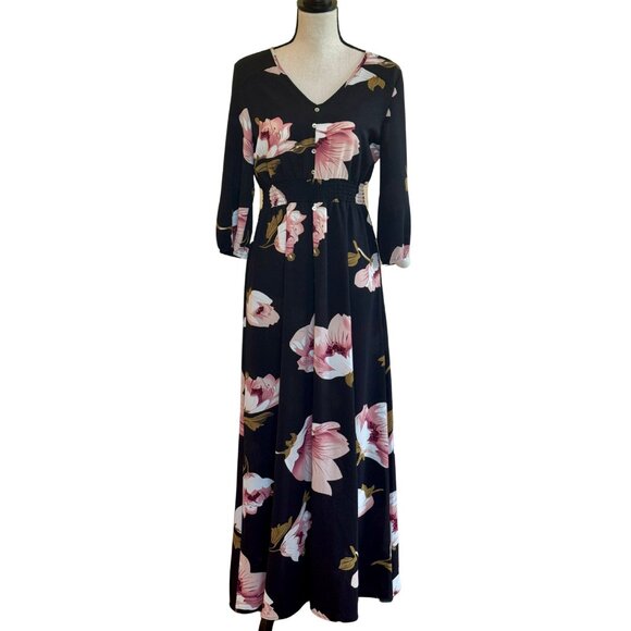 Elegant Everyday Floral Smocked Waist Dark Academia Prairie Core Maxi Dress - Picture 3 of 15